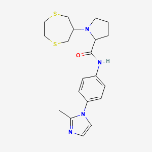 molecular formula C20H26N4OS2 B6059610 1-(1,4-dithiepan-6-yl)-N-[4-(2-methyl-1H-imidazol-1-yl)phenyl]prolinamide 