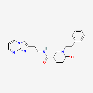 molecular formula C22H25N5O2 B6060105 N-(2-imidazo[1,2-a]pyrimidin-2-ylethyl)-6-oxo-1-(2-phenylethyl)-3-piperidinecarboxamide 