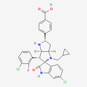 molecular formula C31H27Cl2FN2O3 B606065 4-[(2S,3aR,5R,6R,6aR)-6'-chloro-6-(3-chloro-2-fluorophenyl)-4-(cyclopropylmethyl)-2'-oxospiro[1,2,3,3a,6,6a-hexahydropyrrolo[3,2-b]pyrrole-5,3'-1H-indole]-2-yl]benzoic acid CAS No. 1818291-27-8