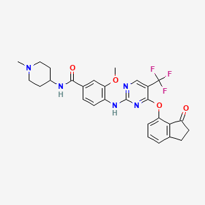 molecular formula C28H28F3N5O4 B606085 3-甲氧基-N-(1-甲基哌啶-4-基)-4-[[4-[(3-氧代-1,2-二氢茚-4-基)氧基]-5-(三氟甲基)嘧啶-2-基]氨基]苯甲酰胺 CAS No. 1227948-02-8