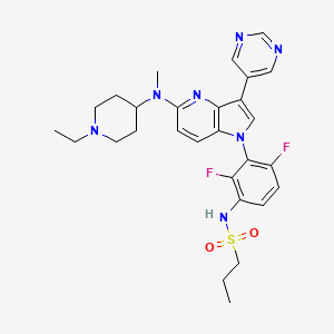 molecular formula C28H33F2N7O2S B606099 N-(3-{5-[(1-Ethylpiperidin-4-Yl)(Methyl)amino]-3-(Pyrimidin-5-Yl)-1h-Pyrrolo[3,2-B]pyridin-1-Yl}-2,4-Difluorophenyl)propane-1-Sulfonamide CAS No. 1392429-79-6