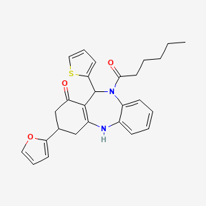 molecular formula C27H28N2O3S B6061652 3-(2-furyl)-10-hexanoyl-11-(2-thienyl)-2,3,4,5,10,11-hexahydro-1H-dibenzo[b,e][1,4]diazepin-1-one 