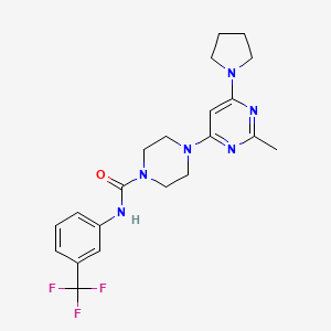 molecular formula C21H25F3N6O B6062033 4-[2-methyl-6-(1-pyrrolidinyl)-4-pyrimidinyl]-N-[3-(trifluoromethyl)phenyl]-1-piperazinecarboxamide 