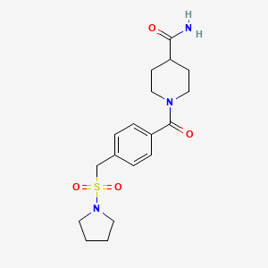 molecular formula C18H25N3O4S B6062055 1-{4-[(1-pyrrolidinylsulfonyl)methyl]benzoyl}-4-piperidinecarboxamide 
