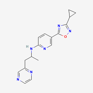 molecular formula C17H18N6O B6062349 5-(3-cyclopropyl-1,2,4-oxadiazol-5-yl)-N-[1-methyl-2-(2-pyrazinyl)ethyl]-2-pyridinamine 
