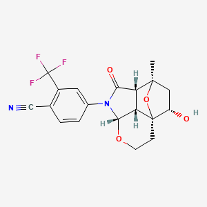 molecular formula C19H17F3N2O4 B606249 Benzonitrile, 4-((3aR,4S,6R,6aS,8aS,8bR)-octahydro-4-hydroxy-6-methyl-7-oxo-3a,6-epoxy-3ah-pyrano(2,3,4-cd)isoindol-8(4H)-yl)-2-(trifluoromethyl)- CAS No. 1095181-60-4
