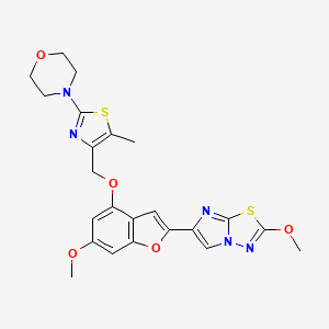 molecular formula C23H23N5O5S2 B606285 4-(4-(((6-甲氧基-2-(2-甲氧基咪唑并[2,1-b][1,3,4]噻二唑-6-基)苯并呋喃-4-基)氧基)甲基)-5-甲基噻唑-2-基)吗啉 CAS No. 1478712-37-6