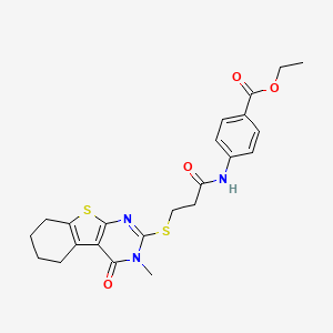 molecular formula C23H25N3O4S2 B6063256 ethyl 4-({3-[(3-methyl-4-oxo-3,4,5,6,7,8-hexahydro[1]benzothieno[2,3-d]pyrimidin-2-yl)thio]propanoyl}amino)benzoate 