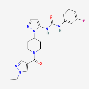 molecular formula C21H24FN7O2 B6063352 N-(1-{1-[(1-ethyl-1H-pyrazol-4-yl)carbonyl]-4-piperidinyl}-1H-pyrazol-5-yl)-N'-(3-fluorophenyl)urea 