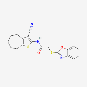 molecular formula C19H17N3O2S2 B6063428 2-(1,3-benzoxazol-2-ylthio)-N-(3-cyano-5,6,7,8-tetrahydro-4H-cyclohepta[b]thien-2-yl)acetamide 