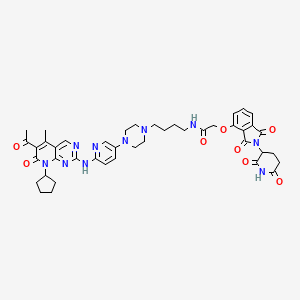 molecular formula C43H48N10O8 B606411 N-[4-[4-[6-[(6-acetyl-8-cyclopentyl-5-methyl-7-oxopyrido[2,3-d]pyrimidin-2-yl)amino]pyridin-3-yl]piperazin-1-yl]butyl]-2-[2-(2,6-dioxopiperidin-3-yl)-1,3-dioxoisoindol-4-yl]oxyacetamide CAS No. 2349356-09-6