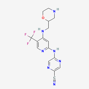 molecular formula C16H16F3N7O B606550 5-[[4-(吗啉-2-基甲基氨基)-5-(三氟甲基)吡啶-2-基]氨基]吡嗪-2-腈 CAS No. 1489389-23-2