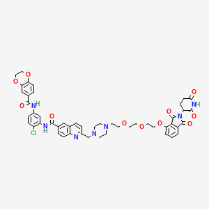 molecular formula C49H48ClN7O11 B606558 N-(2-氯-5-(2,3-二氢苯并[b][1,4]二噁英-6-甲酰胺)苯基)-2-((4-(2-(2-(2-((2-(2,6-二氧代哌啶-3-基)-1,3-二氧代异吲哚啉-4-基)氧基)乙氧基)乙氧基)乙基)哌嗪-1-基)甲基)喹啉-6-甲酰胺 CAS No. 2229856-58-8