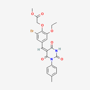 molecular formula C23H21BrN2O7 B6066255 methyl (2-bromo-6-ethoxy-4-{[1-(4-methylphenyl)-2,4,6-trioxotetrahydro-5(2H)-pyrimidinylidene]methyl}phenoxy)acetate 