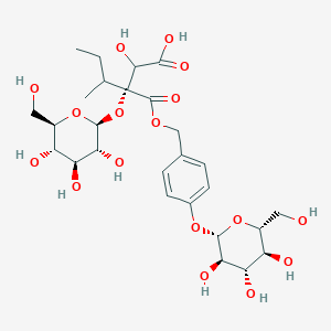 molecular formula C27H40O17 B606755 beta-D-Glucopyranoside, 4-((((2R)-2-((S)-carboxyhydroxymethyl)-2-(beta-D-glucopyranosyloxy)-4-methyl-1-oxopentyl)oxy)methyl)phenyl CAS No. 256459-39-9