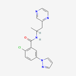 molecular formula C17H16ClN5O B6068301 2-chloro-N-[1-methyl-2-(2-pyrazinyl)ethyl]-5-(1H-pyrazol-1-yl)benzamide 