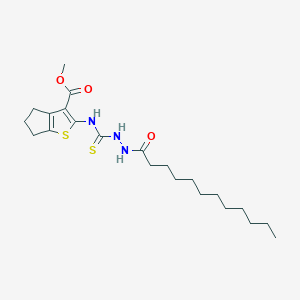 molecular formula C22H35N3O3S2 B6068312 methyl 2-{[(2-dodecanoylhydrazino)carbonothioyl]amino}-5,6-dihydro-4H-cyclopenta[b]thiophene-3-carboxylate 
