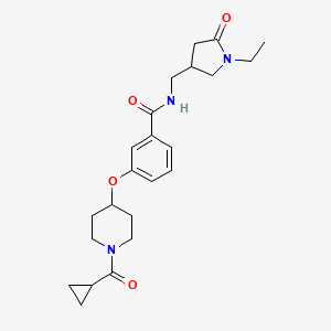 molecular formula C23H31N3O4 B6068627 3-{[1-(cyclopropylcarbonyl)-4-piperidinyl]oxy}-N-[(1-ethyl-5-oxo-3-pyrrolidinyl)methyl]benzamide 
