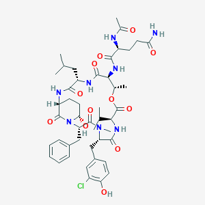 molecular formula C46H63ClN8O12 B606881 (2S)-2-乙酰氨基-N-[(2S,5S,8S,11S,12S,15S,18R,21S)-2-苄基-5-[(3-氯-4-羟基苯基)甲基]-21-羟基-4,11-二甲基-15-(2-甲基丙基)-3,6,9,13,16,22-己氧基-8-丙烷-2-基-10-氧杂-1,4,7,14,17-五氮杂双环[16.3.1]二十二烷-12-基]戊二酰胺 CAS No. 866718-63-0