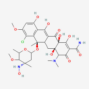molecular formula C31H40ClN3O13 B606929 (4aR,6R,12aS)-7-chloro-4-(dimethylamino)-1,4a,10,11,12a-pentahydroxy-6-[(4S)-4-(hydroxyamino)-5-methoxy-4,6-dimethyloxan-2-yl]oxy-8-methoxy-6-methyl-3,12-dioxo-5,5a-dihydro-4H-tetracene-2-carboxamide CAS No. 125622-12-0
