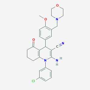 molecular formula C28H29ClN4O3 B6070052 2-amino-1-(3-chlorophenyl)-4-[4-methoxy-3-(4-morpholinylmethyl)phenyl]-5-oxo-1,4,5,6,7,8-hexahydro-3-quinolinecarbonitrile 