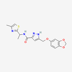 molecular formula C18H18N4O4S B6072024 5-[(1,3-benzodioxol-5-yloxy)methyl]-N-[1-(4-methyl-1,3-thiazol-2-yl)ethyl]-1H-pyrazole-3-carboxamide 