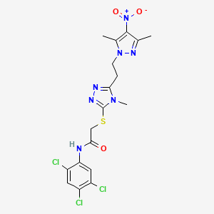 molecular formula C18H18Cl3N7O3S B6072451 2-({5-[2-(3,5-dimethyl-4-nitro-1H-pyrazol-1-yl)ethyl]-4-methyl-4H-1,2,4-triazol-3-yl}thio)-N-(2,4,5-trichlorophenyl)acetamide 