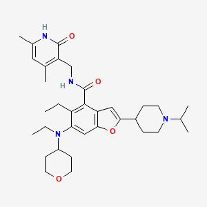 molecular formula C34H48N4O4 B607256 N-((4,6-dimethyl-2-oxo-1,2-dihydropyridin-3-yl)methyl)-5-ethyl-6-(ethyl-(tetrahydro-2H-pyran-4-yl)amino)-2-(1-isopropylpiperidin-4-yl)benzofuran-4-carboxamide CAS No. 2098546-05-3
