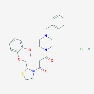 molecular formula C25H32ClN3O4S B060732 Piperazine, 1-(3-(2-((2-methoxyphenoxy)methyl)-3-thiazolidinyl)-1,3-dioxopropyl)-4-(phenylmethyl)-, monohydrochloride, hydrate CAS No. 161364-74-5