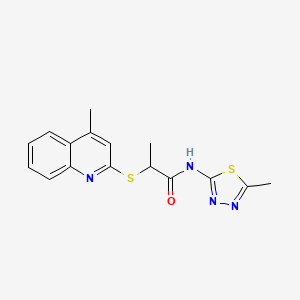 molecular formula C16H16N4OS2 B6073502 2-[(4-methyl-2-quinolinyl)thio]-N-(5-methyl-1,3,4-thiadiazol-2-yl)propanamide 