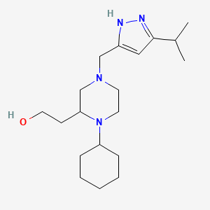 molecular formula C19H34N4O B6073508 2-{1-cyclohexyl-4-[(5-isopropyl-1H-pyrazol-3-yl)methyl]-2-piperazinyl}ethanol 