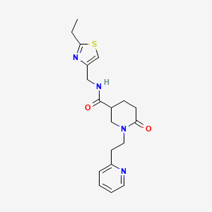 molecular formula C19H24N4O2S B6074672 N-[(2-ethyl-1,3-thiazol-4-yl)methyl]-6-oxo-1-[2-(2-pyridinyl)ethyl]-3-piperidinecarboxamide 