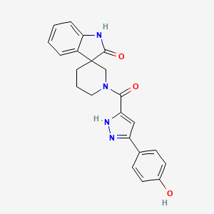 molecular formula C22H20N4O3 B6075232 1'-{[3-(4-hydroxyphenyl)-1H-pyrazol-5-yl]carbonyl}spiro[indole-3,3'-piperidin]-2(1H)-one 
