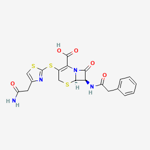 molecular formula C20H18N4O5S3 B607547 5-噻-1-氮杂双环(4.2.0)辛-2-烯-2-羧酸, 3-((4-(2-氨基-2-氧代乙基)-2-噻唑基)硫代)-8-氧代-7-((苯乙酰基)氨基)-, (6R-反式)- CAS No. 194928-82-0