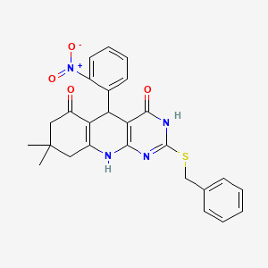 molecular formula C26H24N4O4S B6075523 2-(benzylthio)-8,8-dimethyl-5-(2-nitrophenyl)-5,8,9,10-tetrahydropyrimido[4,5-b]quinoline-4,6(3H,7H)-dione 