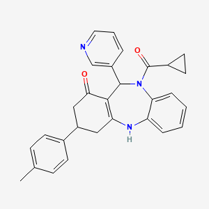 molecular formula C29H27N3O2 B6075571 10-(cyclopropylcarbonyl)-3-(4-methylphenyl)-11-pyridin-3-yl-2,3,4,5,10,11-hexahydro-1H-dibenzo[b,e][1,4]diazepin-1-one 