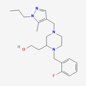 molecular formula C21H31FN4O B6075584 2-{1-(2-fluorobenzyl)-4-[(5-methyl-1-propyl-1H-pyrazol-4-yl)methyl]-2-piperazinyl}ethanol 