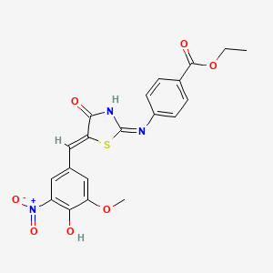 molecular formula C20H17N3O7S B6076489 ethyl 4-{[5-(4-hydroxy-3-methoxy-5-nitrobenzylidene)-4-oxo-1,3-thiazolidin-2-ylidene]amino}benzoate 