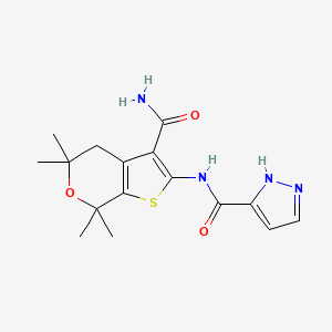 molecular formula C16H20N4O3S B607657 N-(3-carbamoyl-5,5,7,7-tetramethyl-4,7-dihydro-5H-thieno[2,3-c]pyran-2-yl)-1H-pyrazole-3-carboxamide CAS No. 1654725-02-6