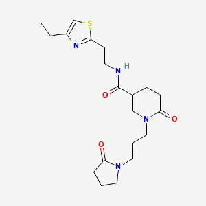 molecular formula C20H30N4O3S B6078376 N-[2-(4-ethyl-1,3-thiazol-2-yl)ethyl]-6-oxo-1-[3-(2-oxo-1-pyrrolidinyl)propyl]-3-piperidinecarboxamide 