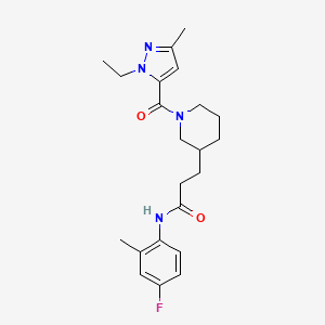 molecular formula C22H29FN4O2 B6079088 3-{1-[(1-ethyl-3-methyl-1H-pyrazol-5-yl)carbonyl]-3-piperidinyl}-N-(4-fluoro-2-methylphenyl)propanamide 