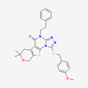 molecular formula C28H28N4O3S2 B6079232 1-[(4-methoxybenzyl)thio]-7,7-dimethyl-4-(2-phenylethyl)-6,9-dihydro-7H-pyrano[4',3':4,5]thieno[3,2-e][1,2,4]triazolo[4,3-a]pyrimidin-5(4H)-one 