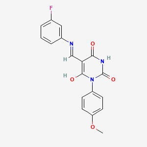 molecular formula C18H14FN3O4 B6079622 5-{[(3-fluorophenyl)amino]methylene}-1-(4-methoxyphenyl)-2,4,6(1H,3H,5H)-pyrimidinetrione 