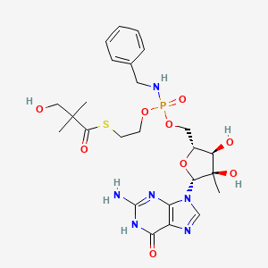 molecular formula C25H35N6O9PS B608061 鸟苷，2'-C-甲基-，5'-(2-((3-羟基-2,2-二甲基-1-氧代丙基)硫代)乙基 N-(苯甲基)磷酰胺酸盐) CAS No. 1036915-08-8
