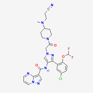 molecular formula C28H28ClF2N9O3 B608068 Pyrazolo[1,5-a]pyrimidine-3-carboxylic acid [3-(5-chloro-2-difluoromethoxy-phenyl)-1-(2-{4-[(2-cyano-ethyl)-methyl-amino]-piperidin-1-yl}-2-oxo-ethyl)-1H-pyrazol-4-yl]-amide CAS No. 1831144-46-7