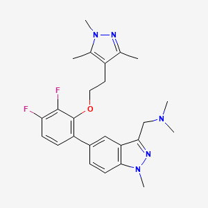 molecular formula C20H27N3O4S B608084 1-[5-[3,4-双(氟代甲氧基)-2-[2-(1,3,5-三甲基吡唑-4-基)乙氧基]苯基]-1-甲基-吲唑-3-基]-~{N},~{N}-二甲基-甲胺 CAS No. 2059148-82-0