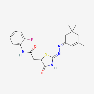 molecular formula C20H23FN4O2S B6080976 N-(2-fluorophenyl)-2-{4-hydroxy-2-[(3,5,5-trimethyl-2-cyclohexen-1-ylidene)hydrazono]-2,5-dihydro-1,3-thiazol-5-yl}acetamide 