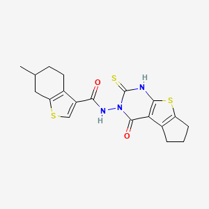 molecular formula C19H19N3O2S3 B6081349 N-(2-mercapto-4-oxo-6,7-dihydro-4H-cyclopenta[4,5]thieno[2,3-d]pyrimidin-3(5H)-yl)-6-methyl-4,5,6,7-tetrahydro-1-benzothiophene-3-carboxamide 