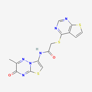molecular formula C14H10N6O2S3 B6081712 N-(6-methyl-7-oxo-7H-[1,3]thiazolo[3,2-b][1,2,4]triazin-3-yl)-2-(thieno[2,3-d]pyrimidin-4-ylthio)acetamide 