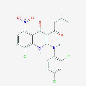 molecular formula C20H16Cl3N3O4 B608188 8-chloro-2-[(2,4-dichlorophenyl)amino]-3-(3-methylbutanoyl)-5-nitroquinolin-4(1H)-one CAS No. 1361227-90-8